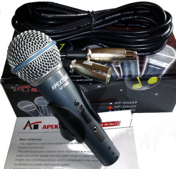 Apextone DM-20 микрофон динамический с выключателем, 50Hz-60kHz, шнур XLR(M)-XLR(F) 5м, держатель