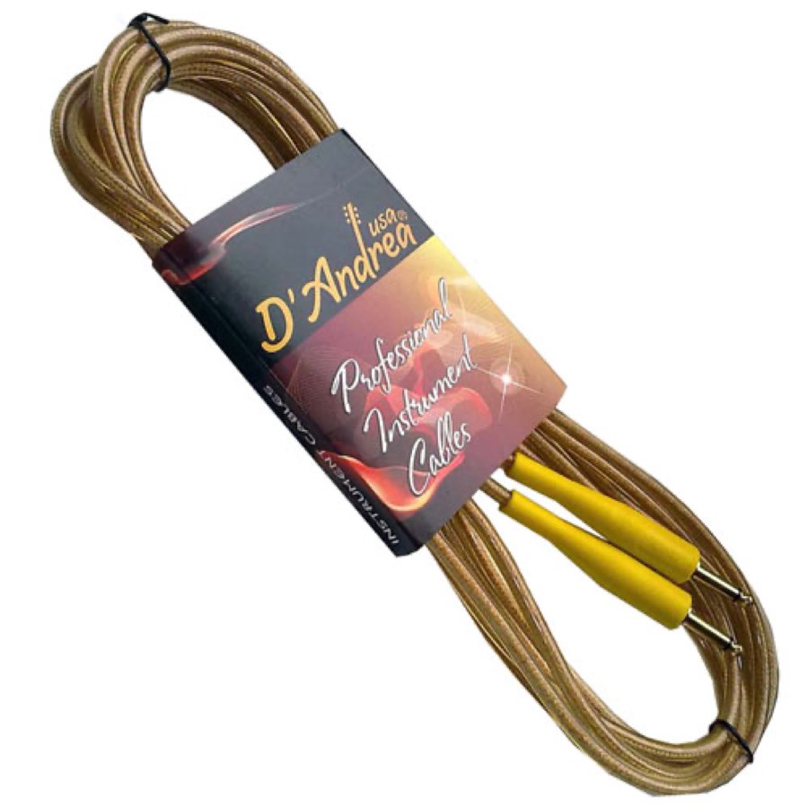 D'Andrea GLRC-20 шнур инструментальный Jack-Jack, прямой-угловой, 6м, в прозрачн оплетке, золотой