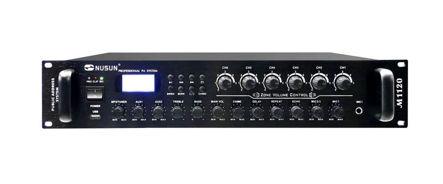 Nusun M-1120 микшер-усилитель 120W, FM-тюнер, MP3, USB, 3 микр+2 AUX, 70/100В, 4-16 Ом 6 регулир. зо