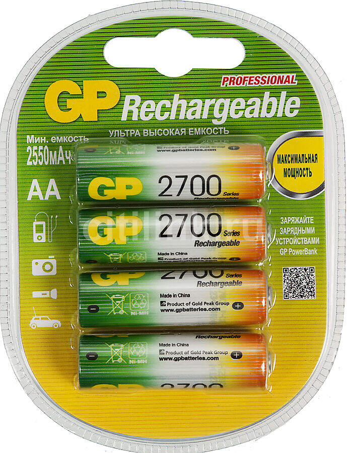 AA Аккумулятор GP 270AAHC, 4 шт. 2700мAч