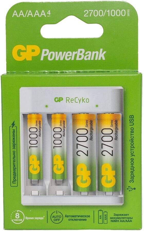AA/AAA Аккумулятор + зарядное устройство GP PowerBank Е411, 4 шт. 2700мAч