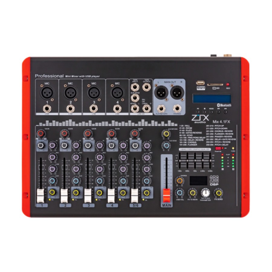 ZTX audio Mix 4.1.Fx микшерный пульт 4mono, 1stereo каналы с MP3/SD/DSP/BT