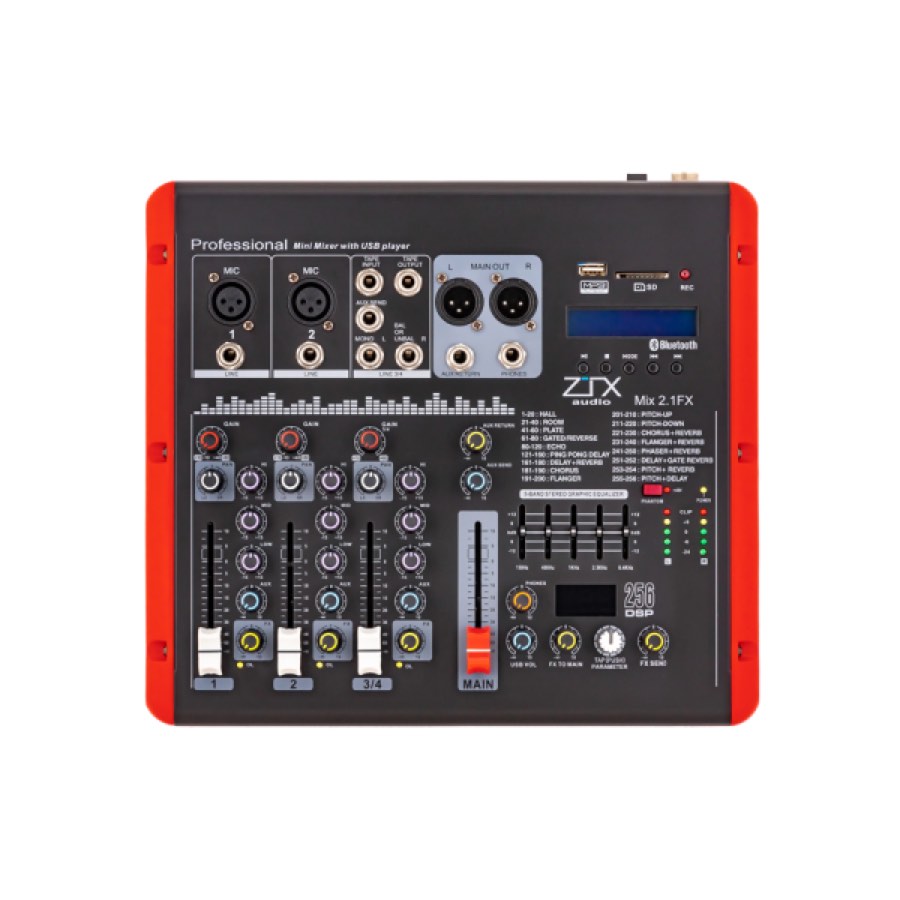 ZTX audio Mix 2.1.Fx микшерный пульт 2mono, 1stereo каналы с MP3/SD/DSP/BT